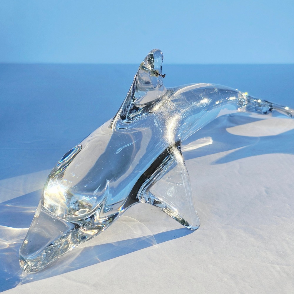 Large Vintage Daum France Signed Clear Crystal‎ 12" Diving Dolphin Sculpture Art